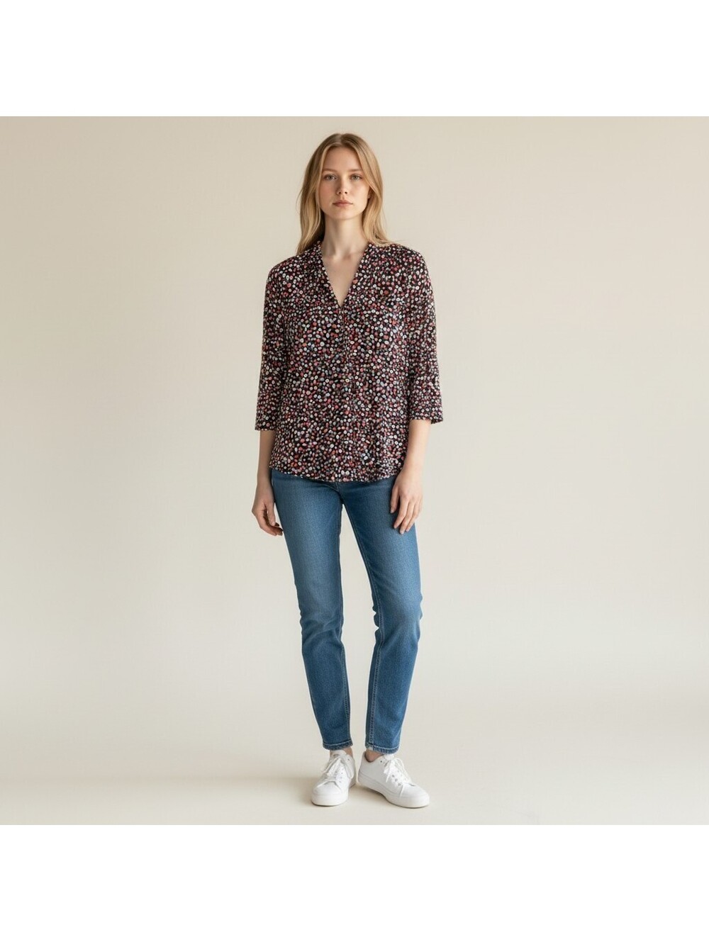 Charter Club Blouse Women PS Petite Black Graphic Print V-Neck 3/4 Sleeve Casual